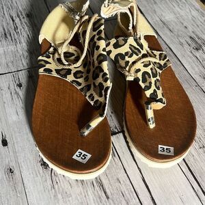 Women's Leopard Pattern Anti-Slip Covered Heel Flip Flop Rope Sandals Size 35 NW